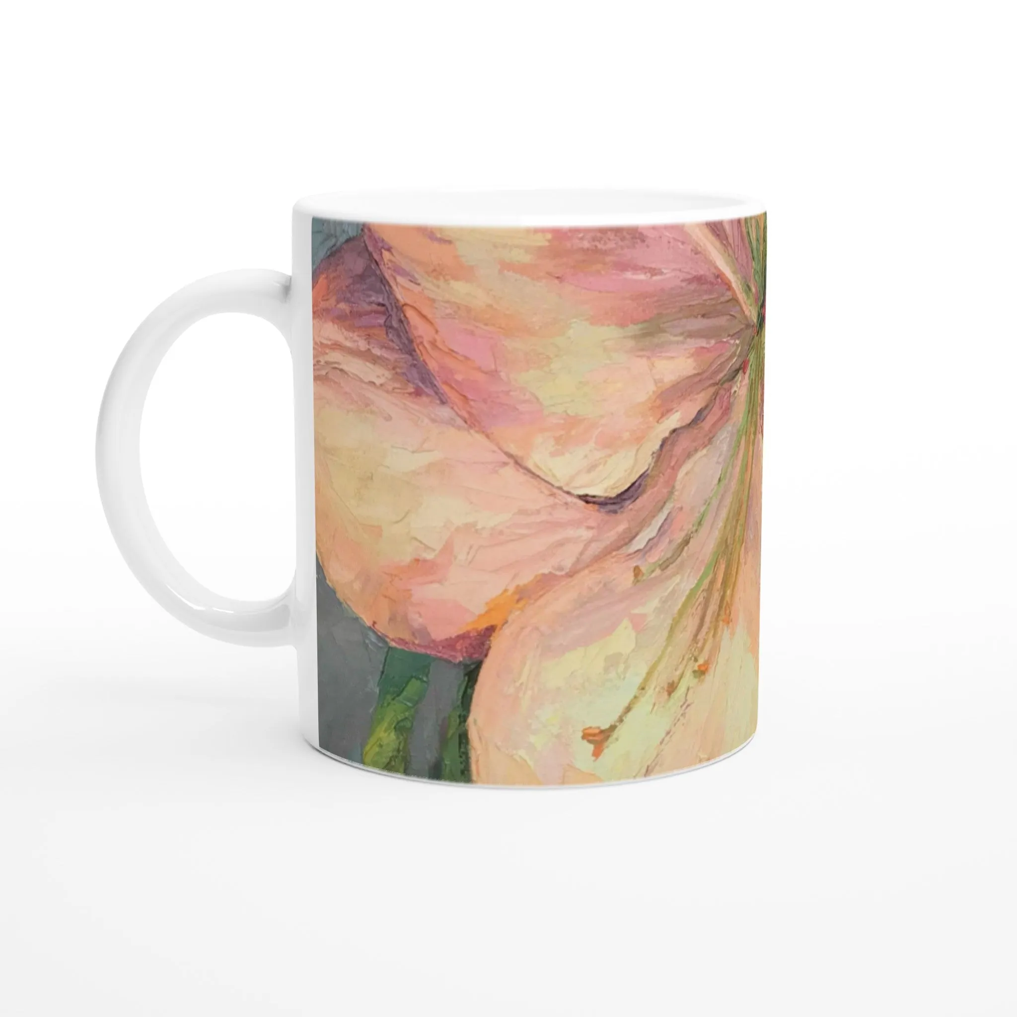 11oz White Ceramic Mug| Coffee Cup with 'Amaryllis' Floral Artwork by American Artist Barbara Cleary