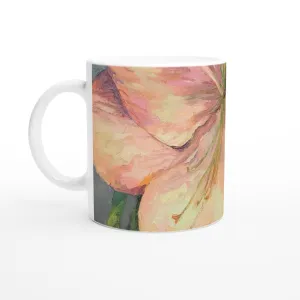 11oz White Ceramic Mug| Coffee Cup with 'Amaryllis' Floral Artwork by American Artist Barbara Cleary