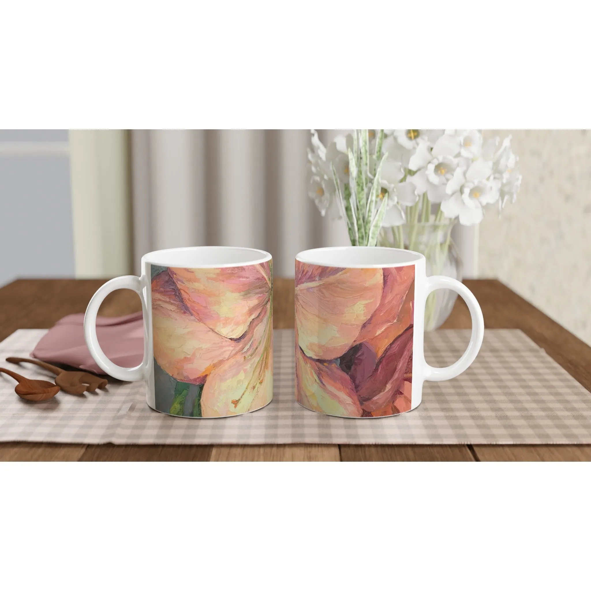 11oz White Ceramic Mug| Coffee Cup with 'Amaryllis' Floral Artwork by American Artist Barbara Cleary