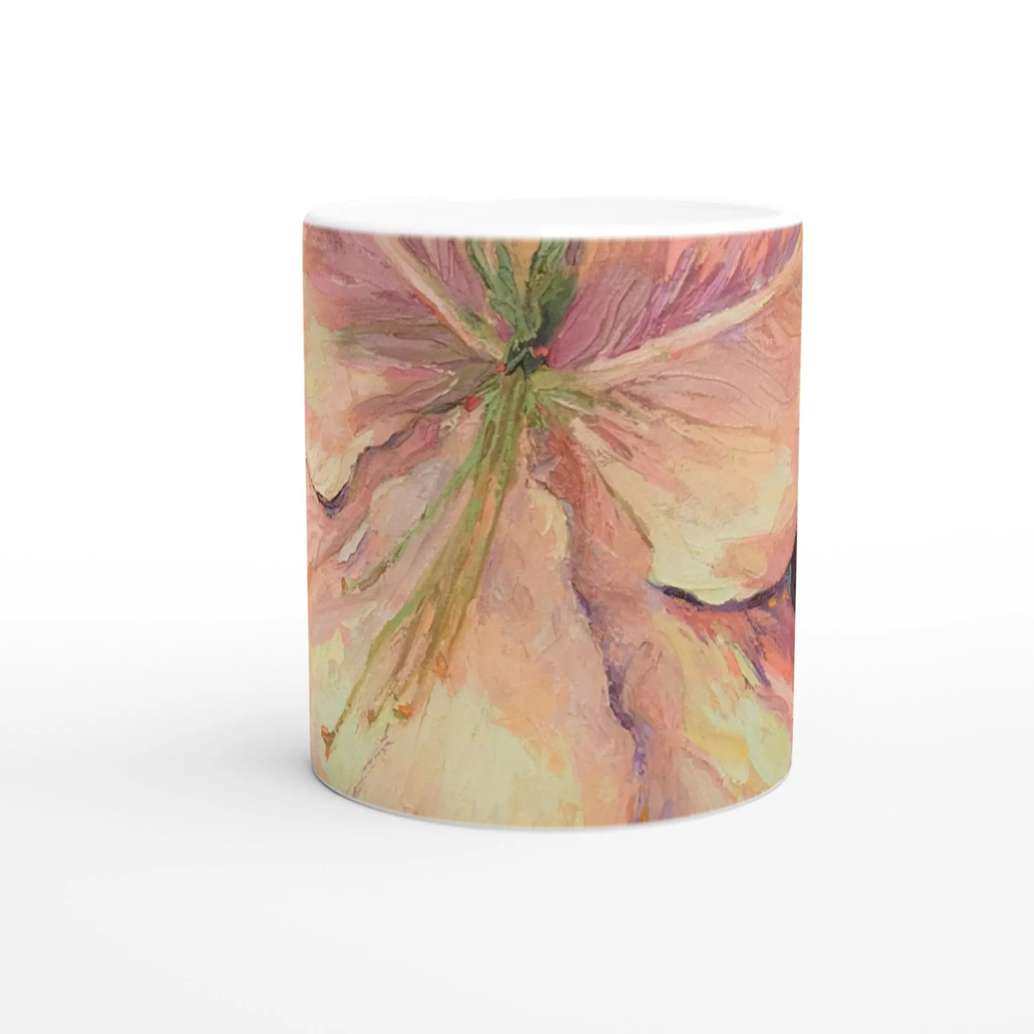 11oz White Ceramic Mug| Coffee Cup with 'Amaryllis' Floral Artwork by American Artist Barbara Cleary