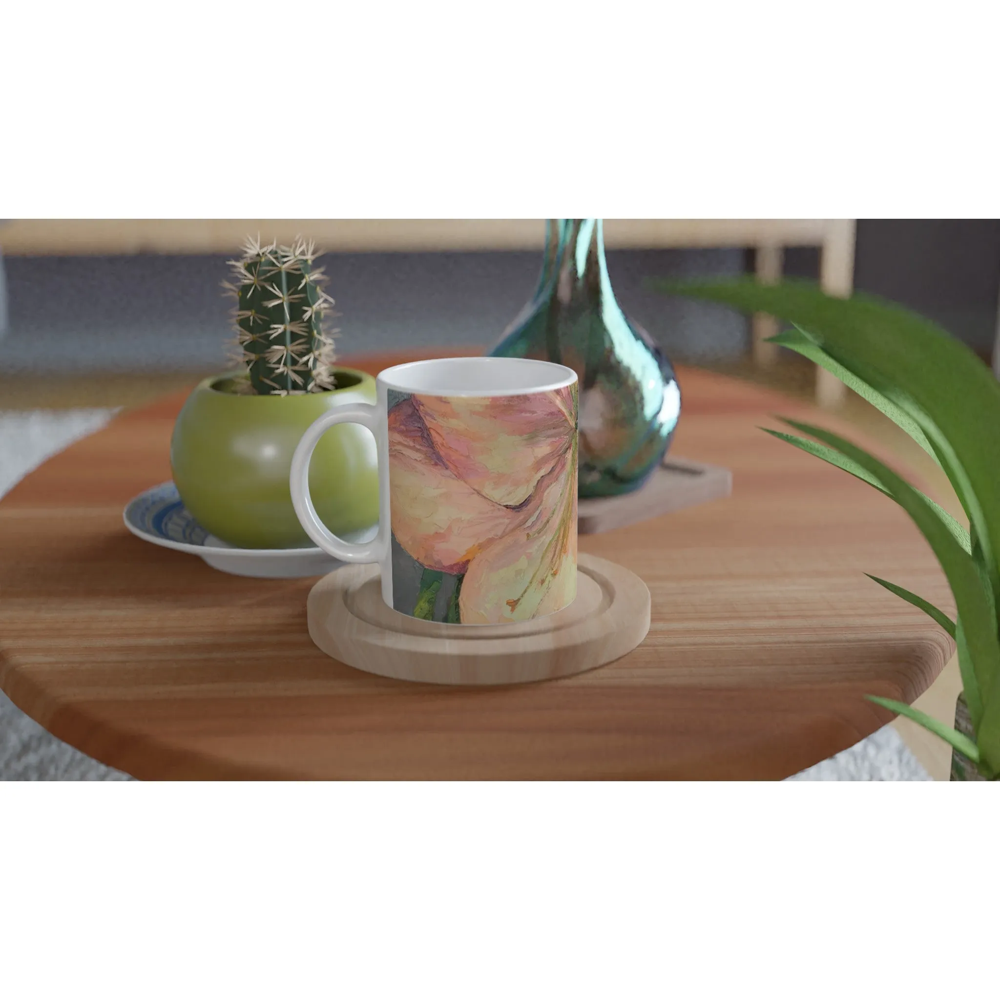 11oz White Ceramic Mug| Coffee Cup with 'Amaryllis' Floral Artwork by American Artist Barbara Cleary