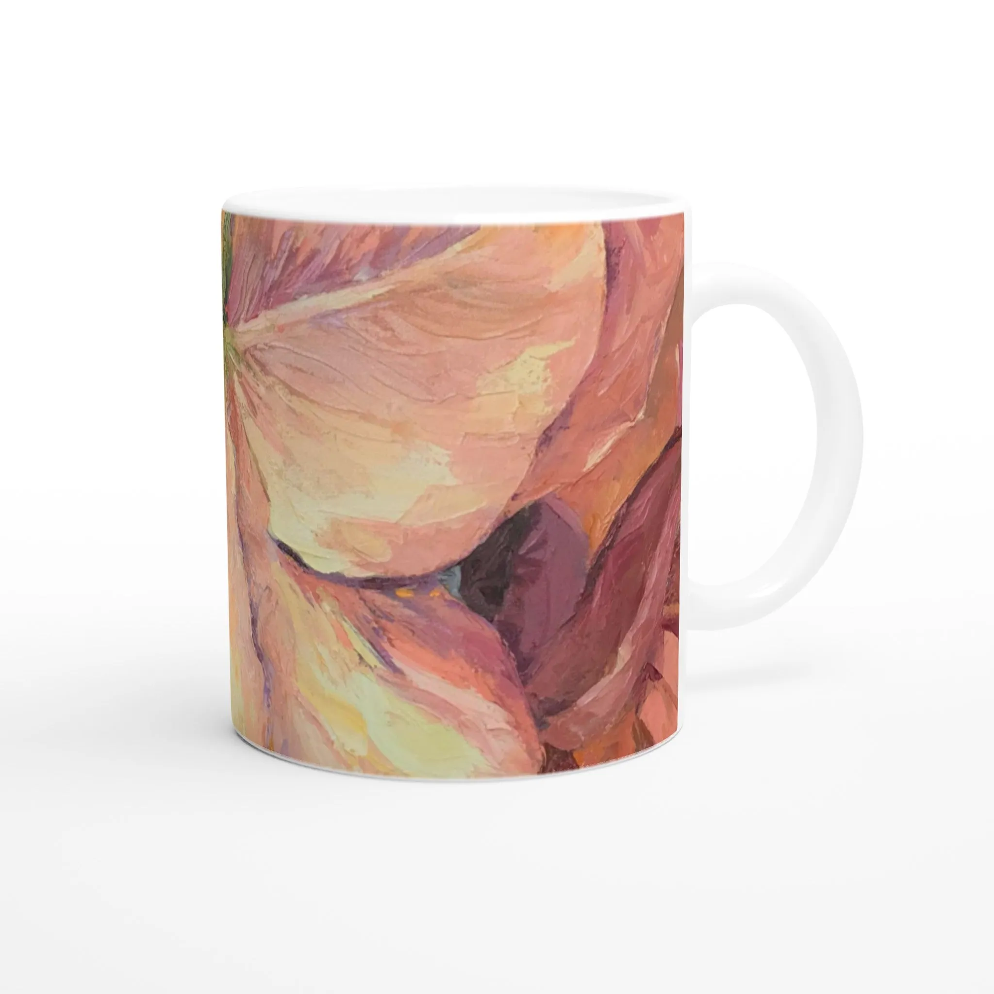 11oz White Ceramic Mug| Coffee Cup with 'Amaryllis' Floral Artwork by American Artist Barbara Cleary
