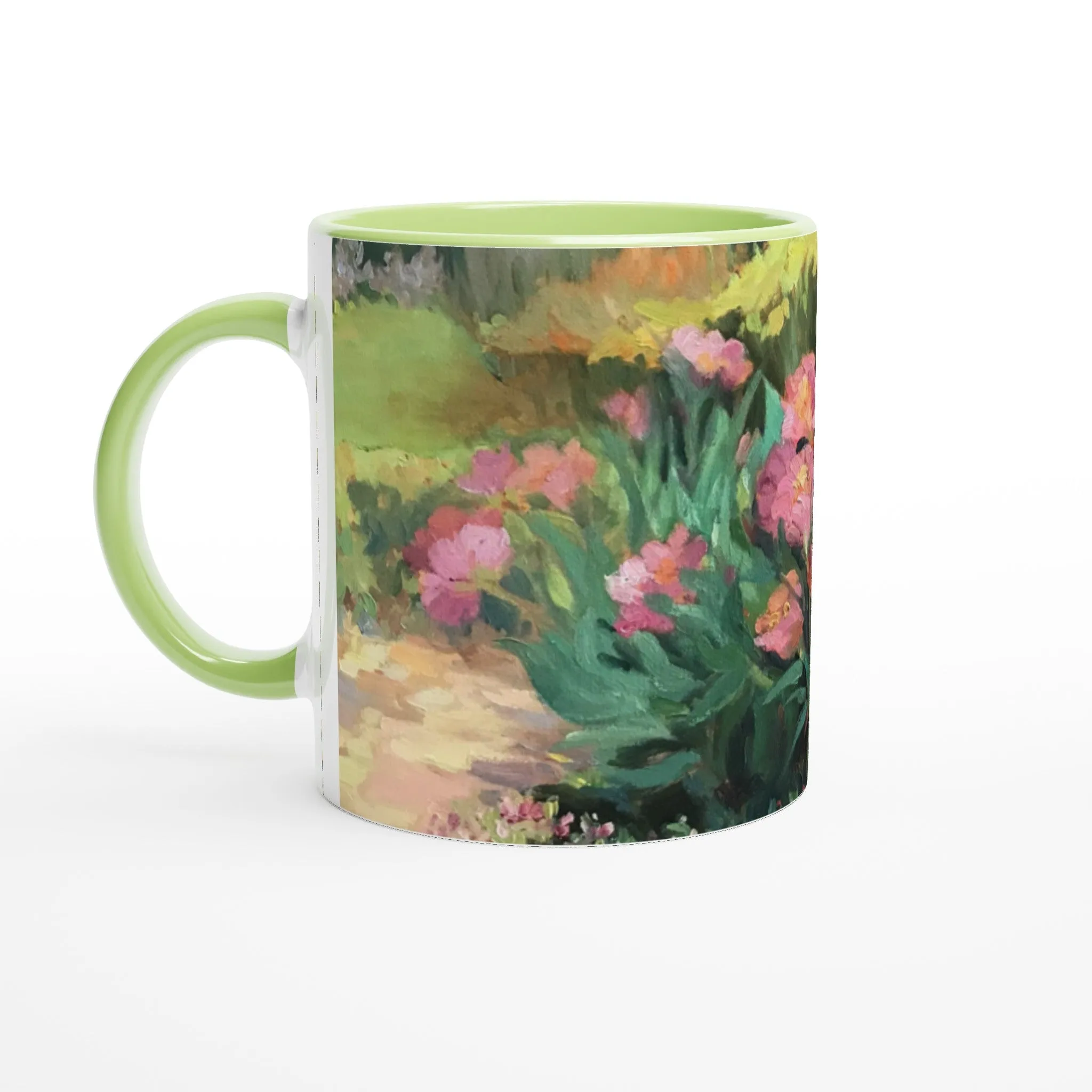 11oz White Ceramic Mug with Color Inside | Coffee Cup with 'Garden Peonies' Floral Artwork by American Artist Barbara Cleary