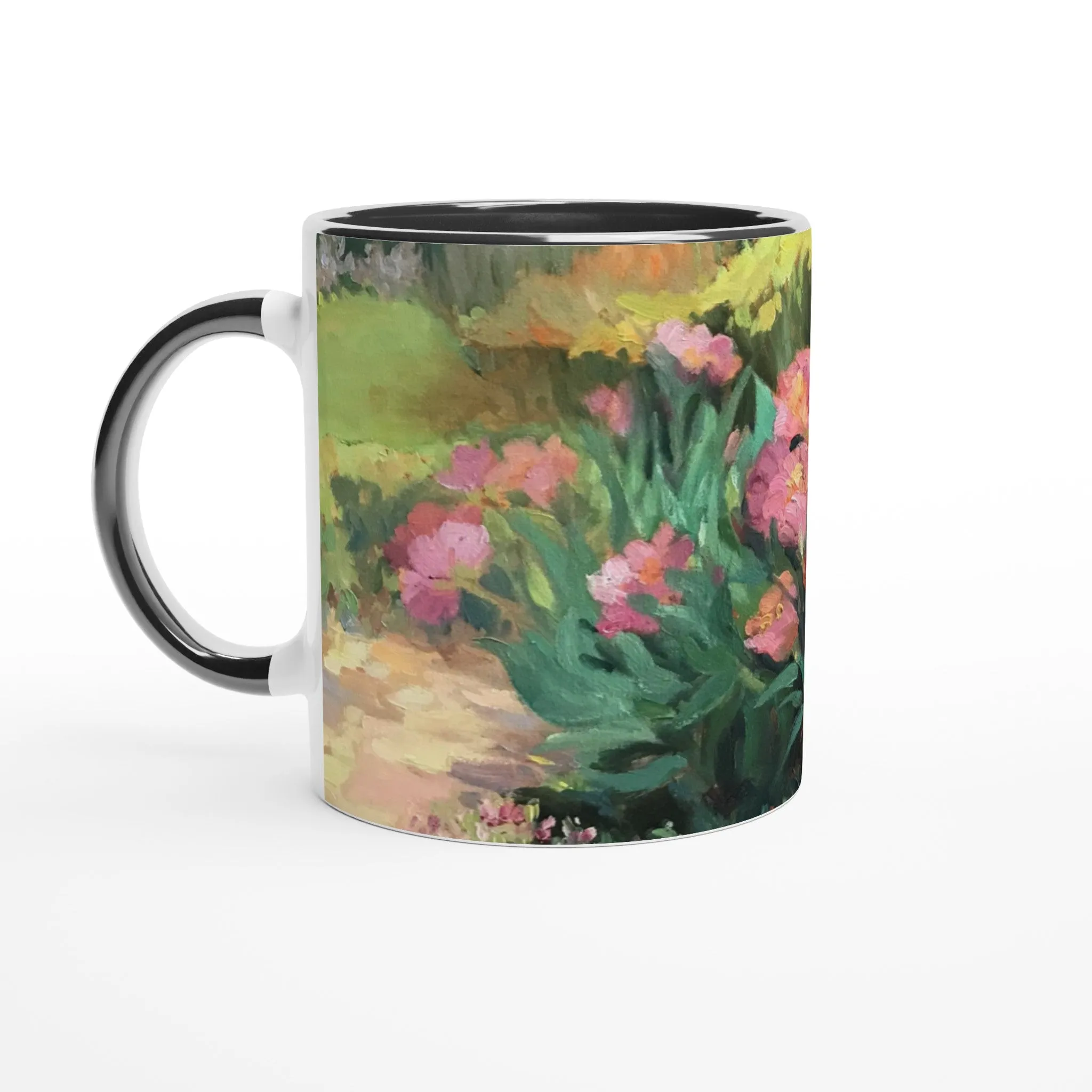 11oz White Ceramic Mug with Color Inside | Coffee Cup with 'Garden Peonies' Floral Artwork by American Artist Barbara Cleary