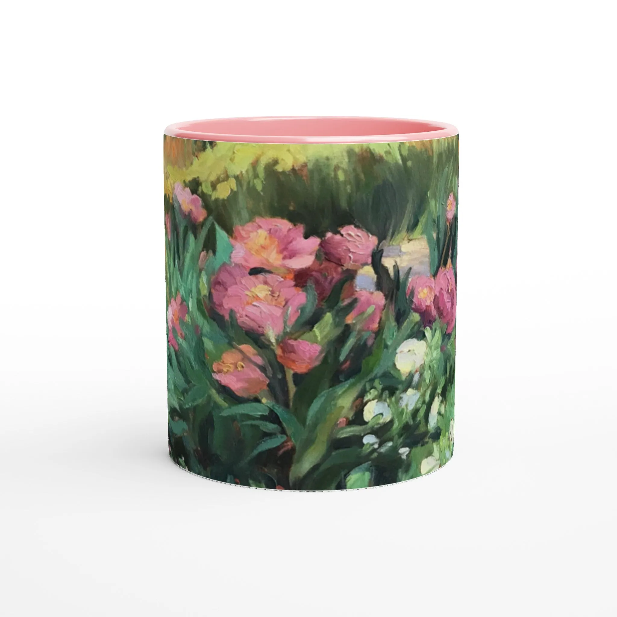11oz White Ceramic Mug with Color Inside | Coffee Cup with 'Garden Peonies' Floral Artwork by American Artist Barbara Cleary