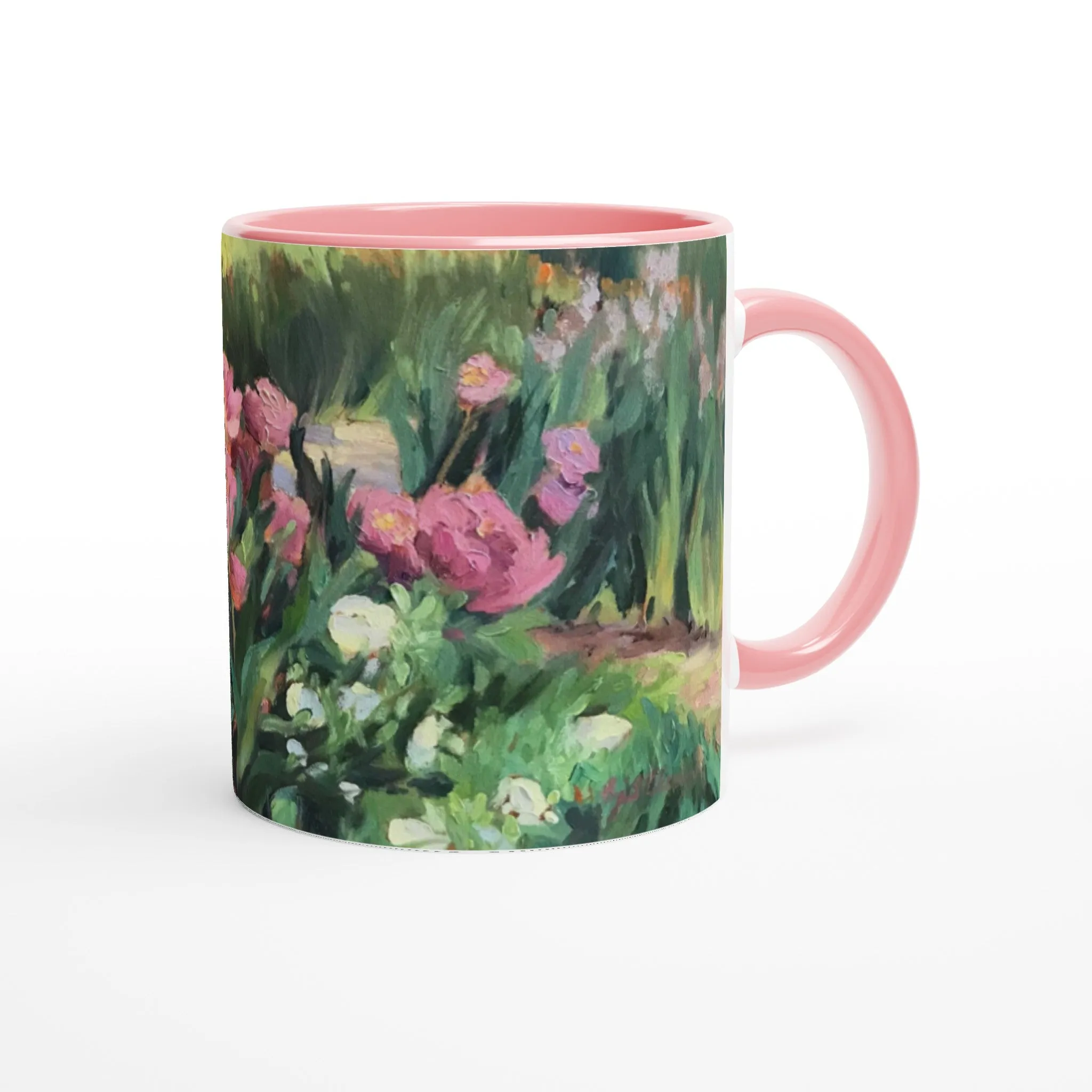 11oz White Ceramic Mug with Color Inside | Coffee Cup with 'Garden Peonies' Floral Artwork by American Artist Barbara Cleary
