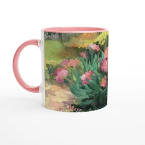 11oz White Ceramic Mug with Color Inside | Coffee Cup with 'Garden Peonies' Floral Artwork by American Artist Barbara Cleary