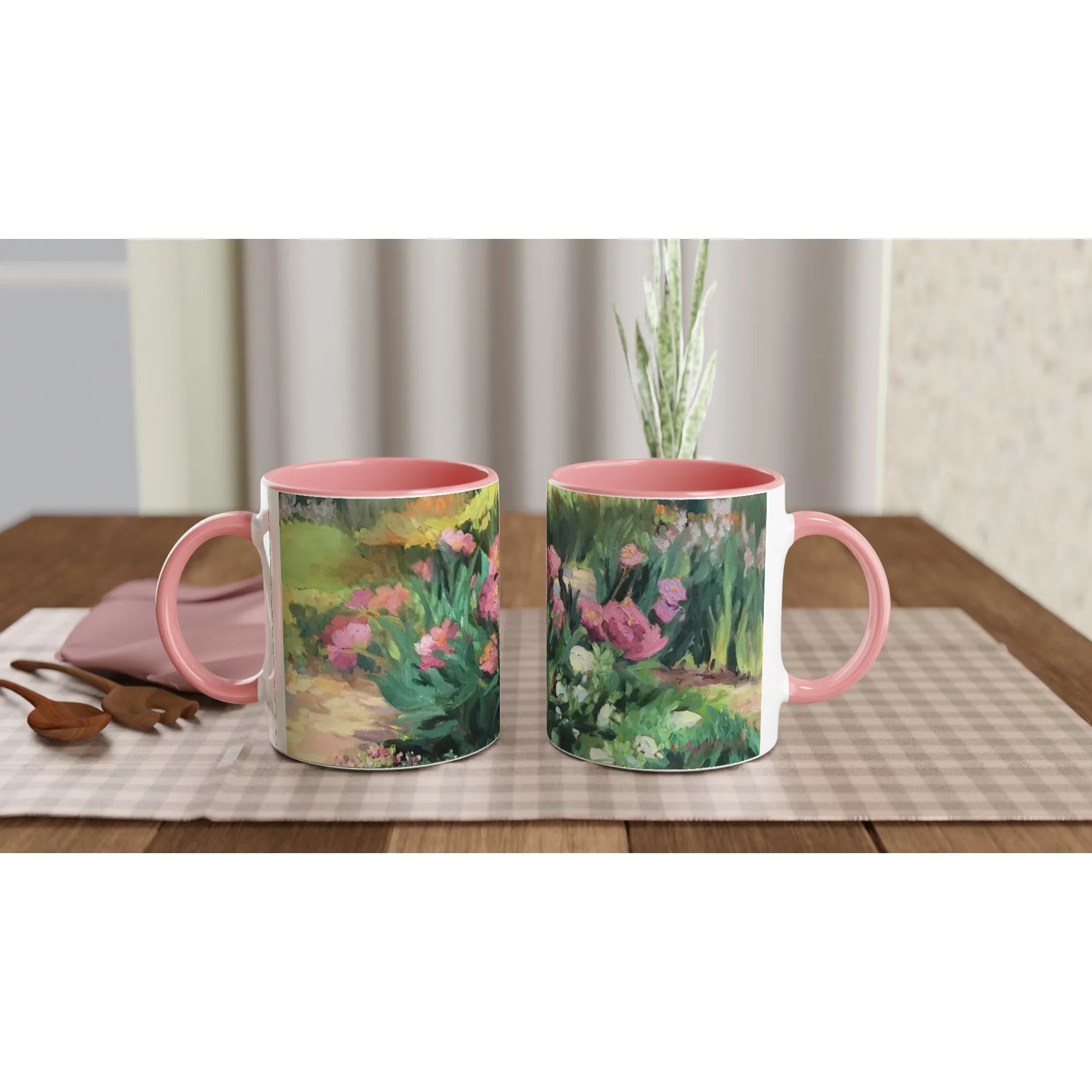 11oz White Ceramic Mug with Color Inside | Coffee Cup with 'Garden Peonies' Floral Artwork by American Artist Barbara Cleary