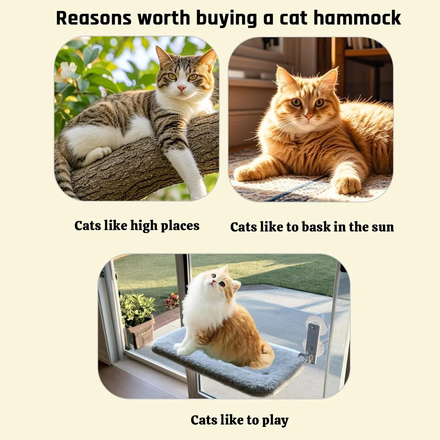 2PC Cat Window Perch, Cordless Foldable Cat Hammock for Indoor Cats with Upgraded Suction Cups Strong Metal Frame Holds Up to 44lbs (L 2PC)