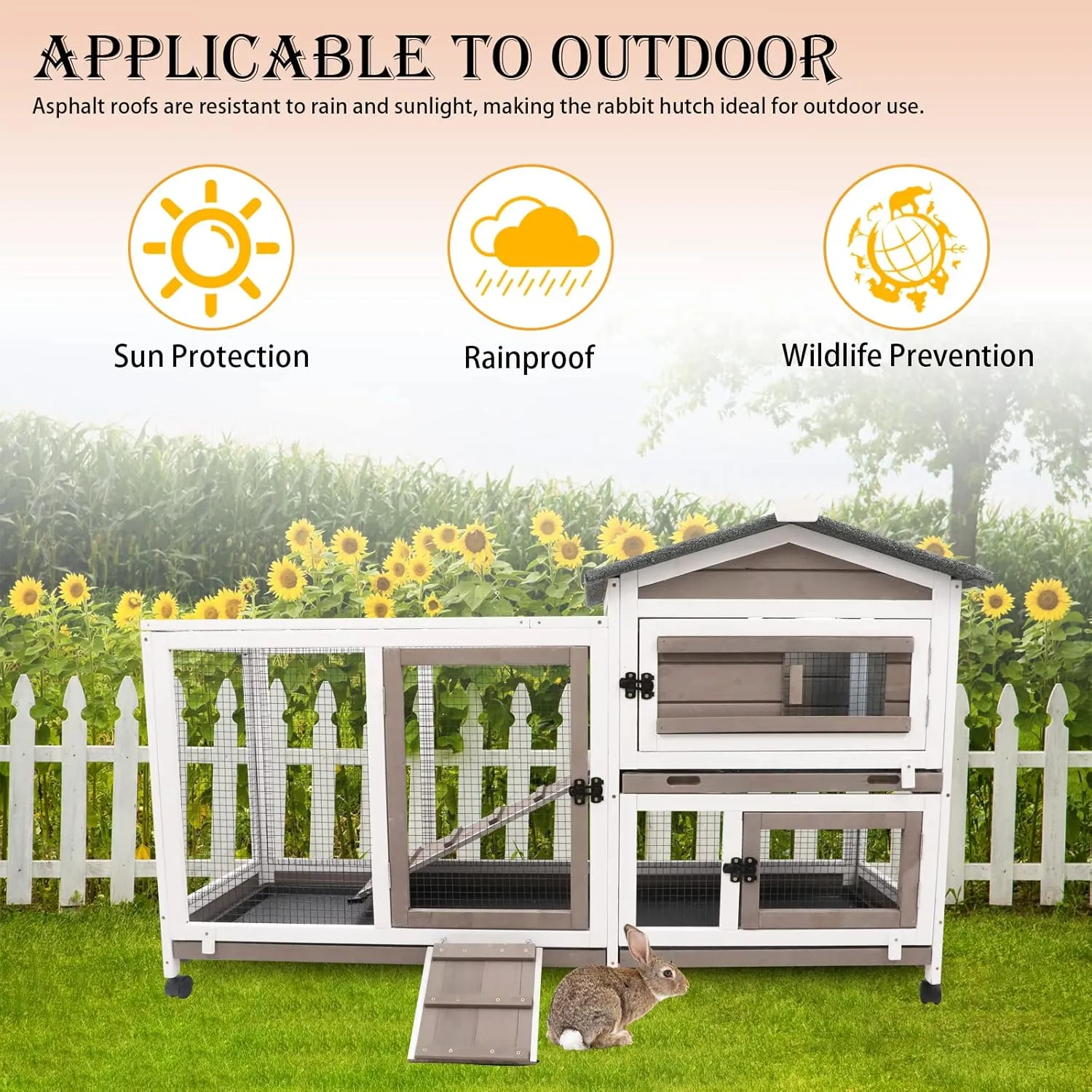 57" L Rabbit Hutch Indoor Outdoor 2 Story Large Bunny Hutch with Run Guinea Pig Cage Wooden Rabbit Cage with Removable 3 Pull Out Trays Pet House for Small-Medium Animals