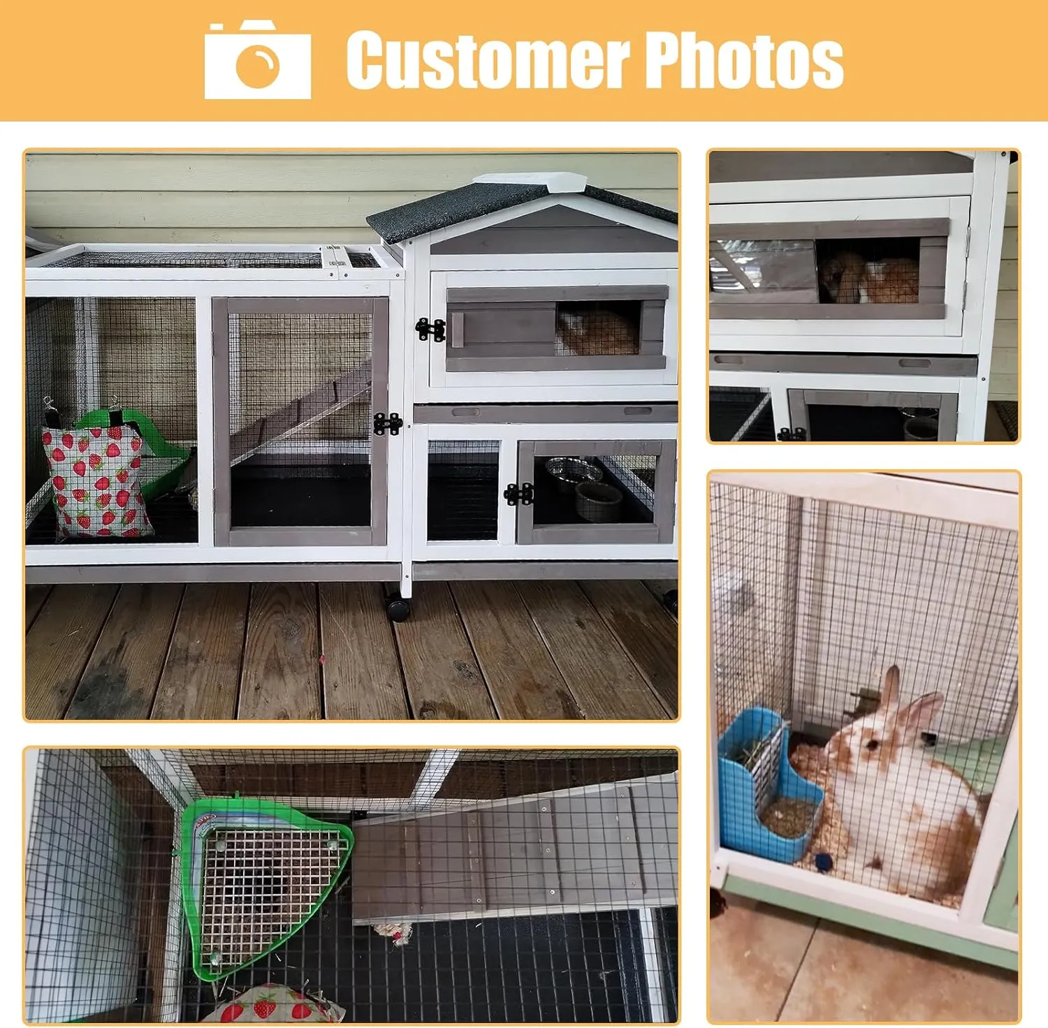 57" L Rabbit Hutch Indoor Outdoor 2 Story Large Bunny Hutch with Run Guinea Pig Cage Wooden Rabbit Cage with Removable 3 Pull Out Trays Pet House for Small-Medium Animals