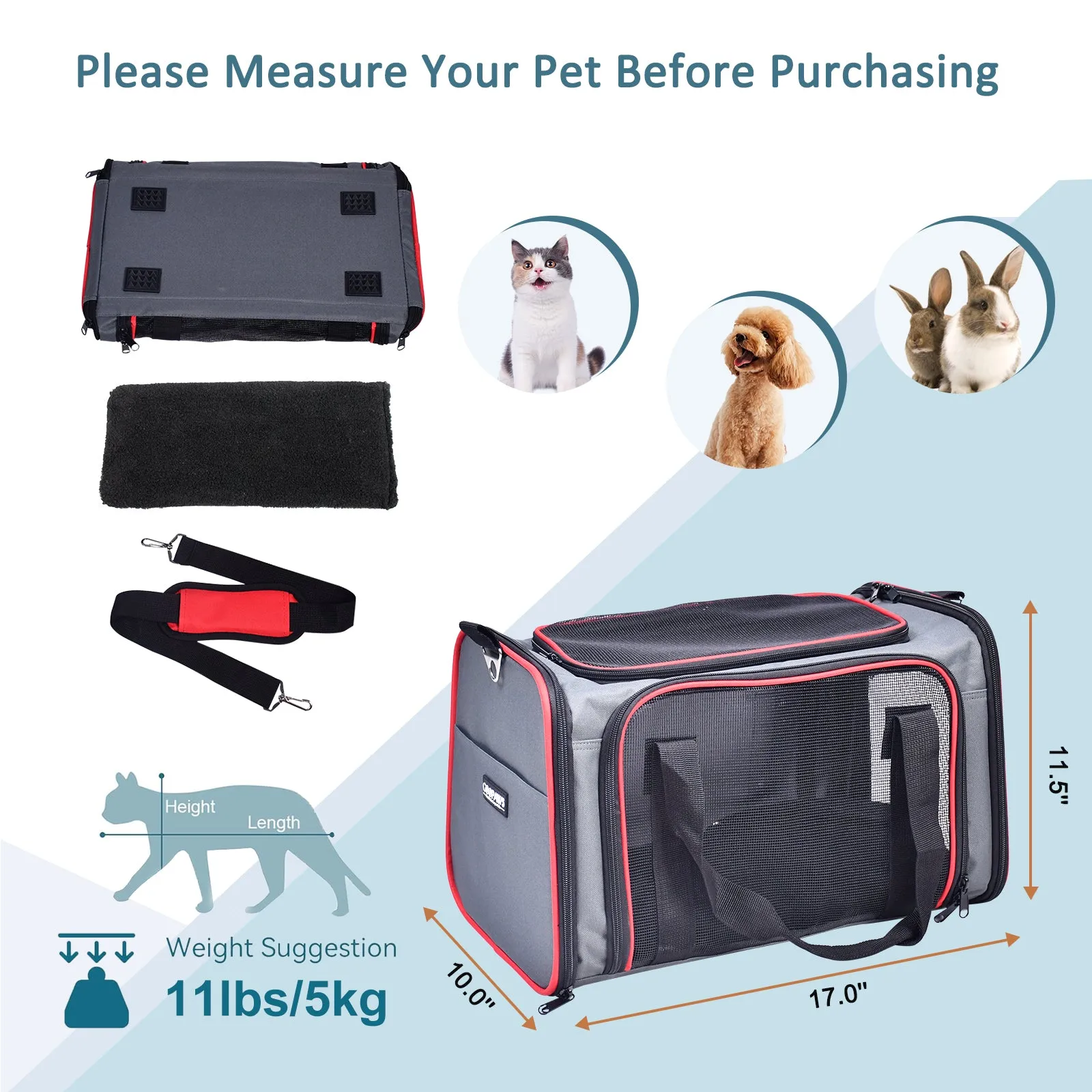 GOOPAWS Soft-Sided Travel Small Dog & Cat Carrier Bag, Gray/Red, 17''