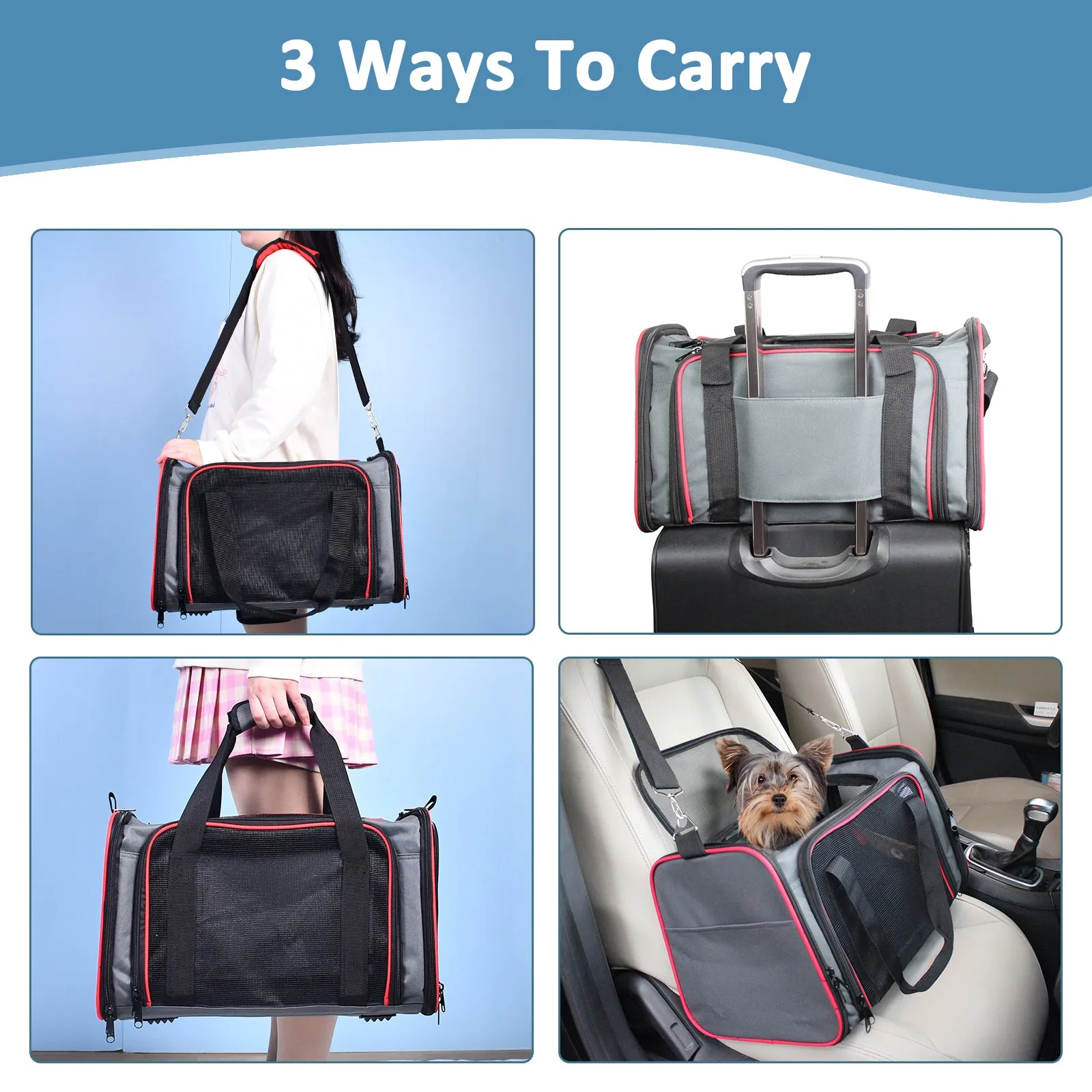 GOOPAWS Soft-Sided Travel Small Dog & Cat Carrier Bag, Gray/Red, 17''