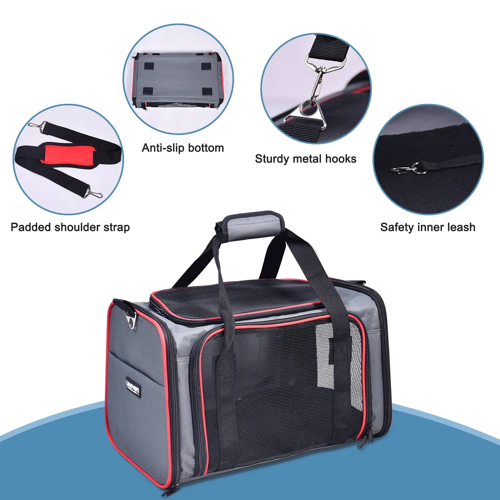 GOOPAWS Soft-Sided Travel Small Dog & Cat Carrier Bag, Gray/Red, 17''