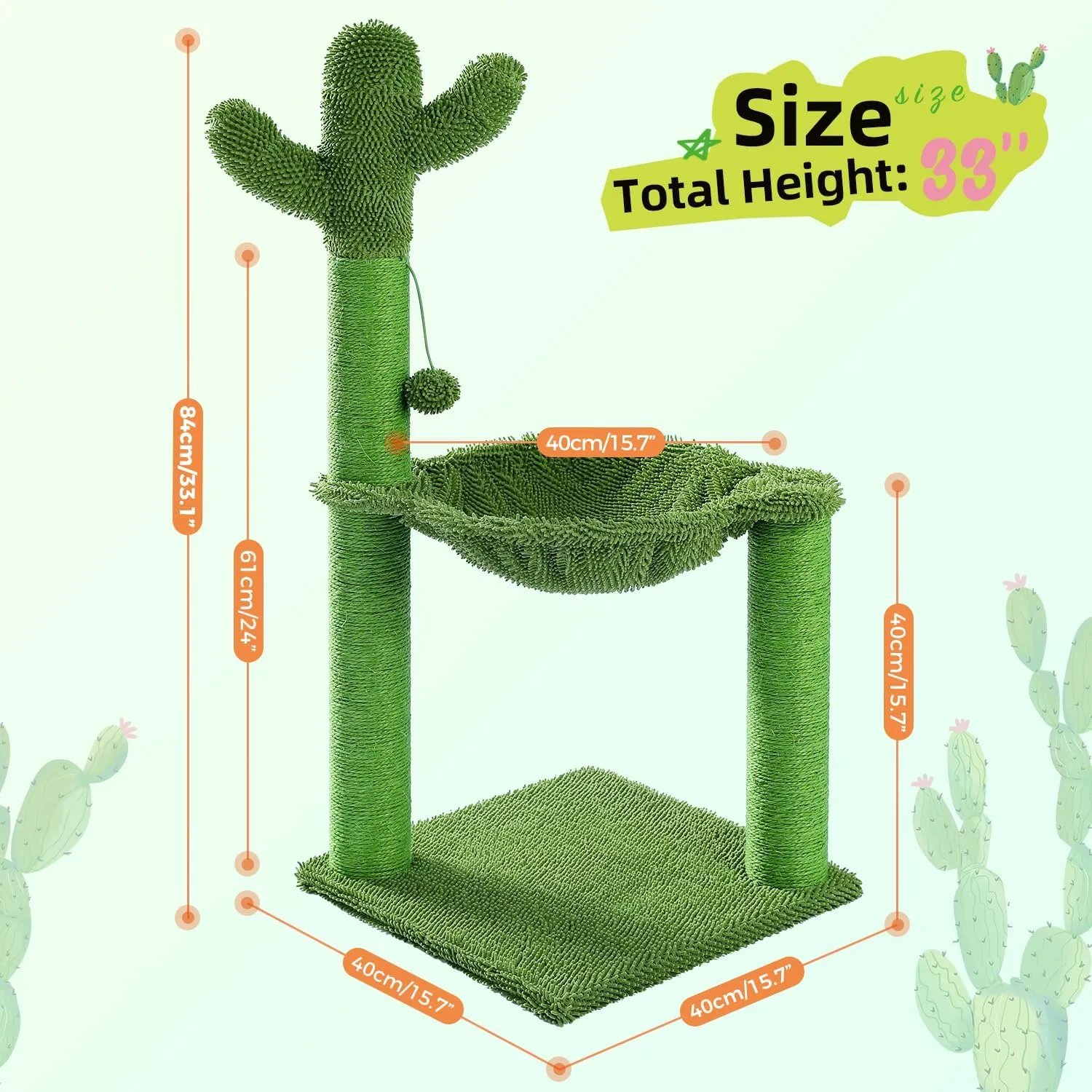 PAWZ Road Cactus Cat Tree, 33 Inchs Cat Tower with Large Soft Hammock and Fully Wrapped Sisal Scratching Post for Indoor Cats