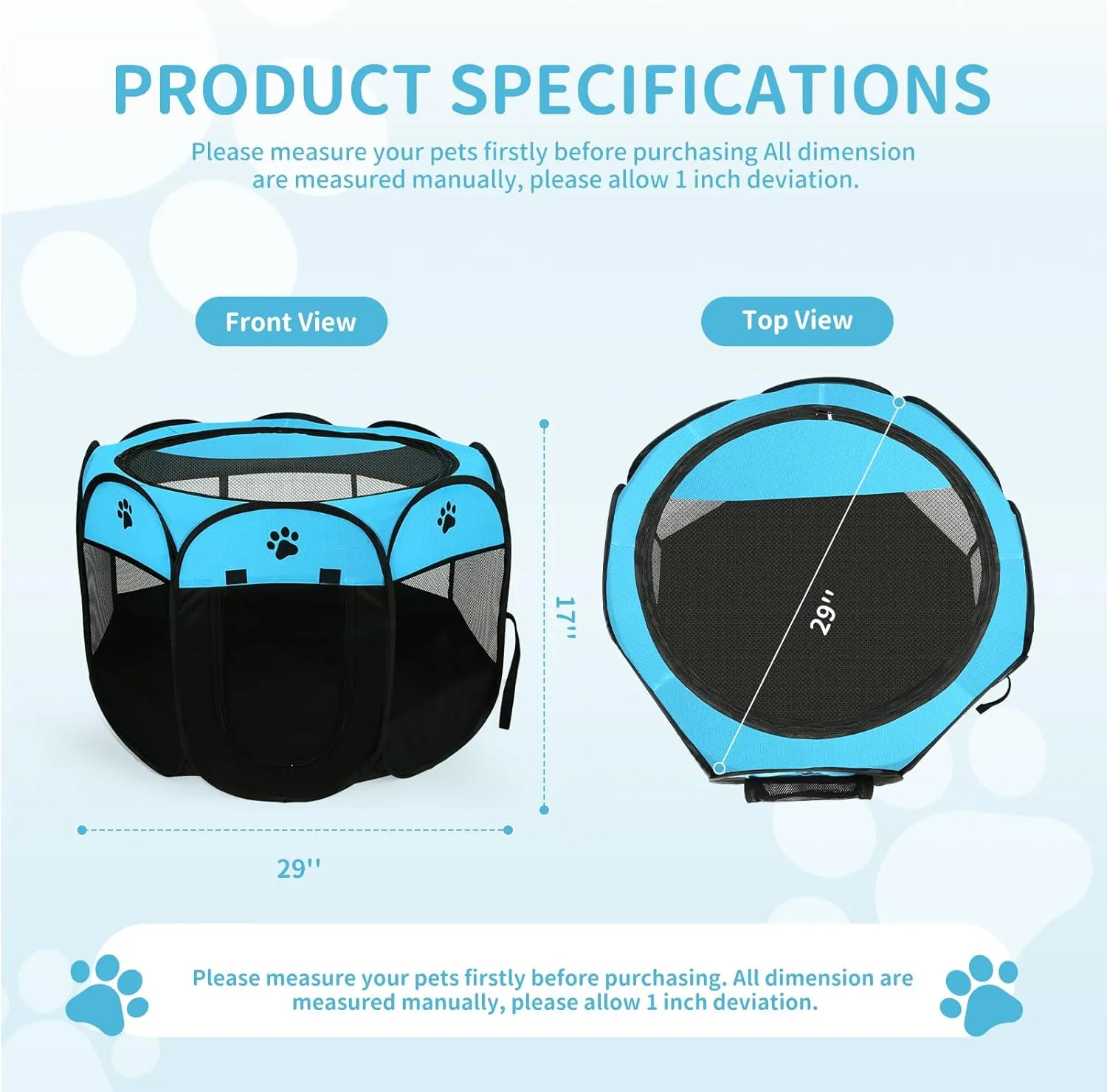 Pet Cat Playpen for Indoor Cats Enclosed, Portable Foldable Dog Playpen Outdoor with Zipper Top Cover Door for Dogs, Cats, Small Animals